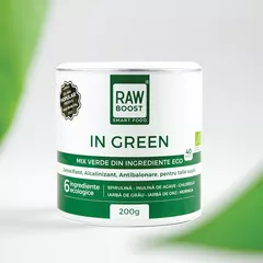 In Green, Mix Verde ECO 200g anti-balonare, detoxifiant, pentru talie suplă. Doar 6 ingrediente organice. Fără compromisuri.